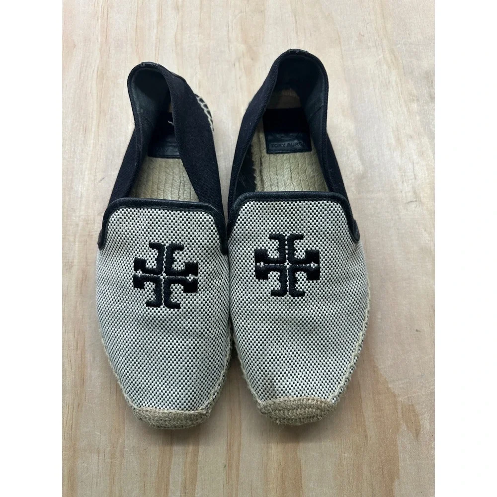 Tory Burch Canvas Logo Espadrille Flats Black White Woven Slip On Shoes 9M